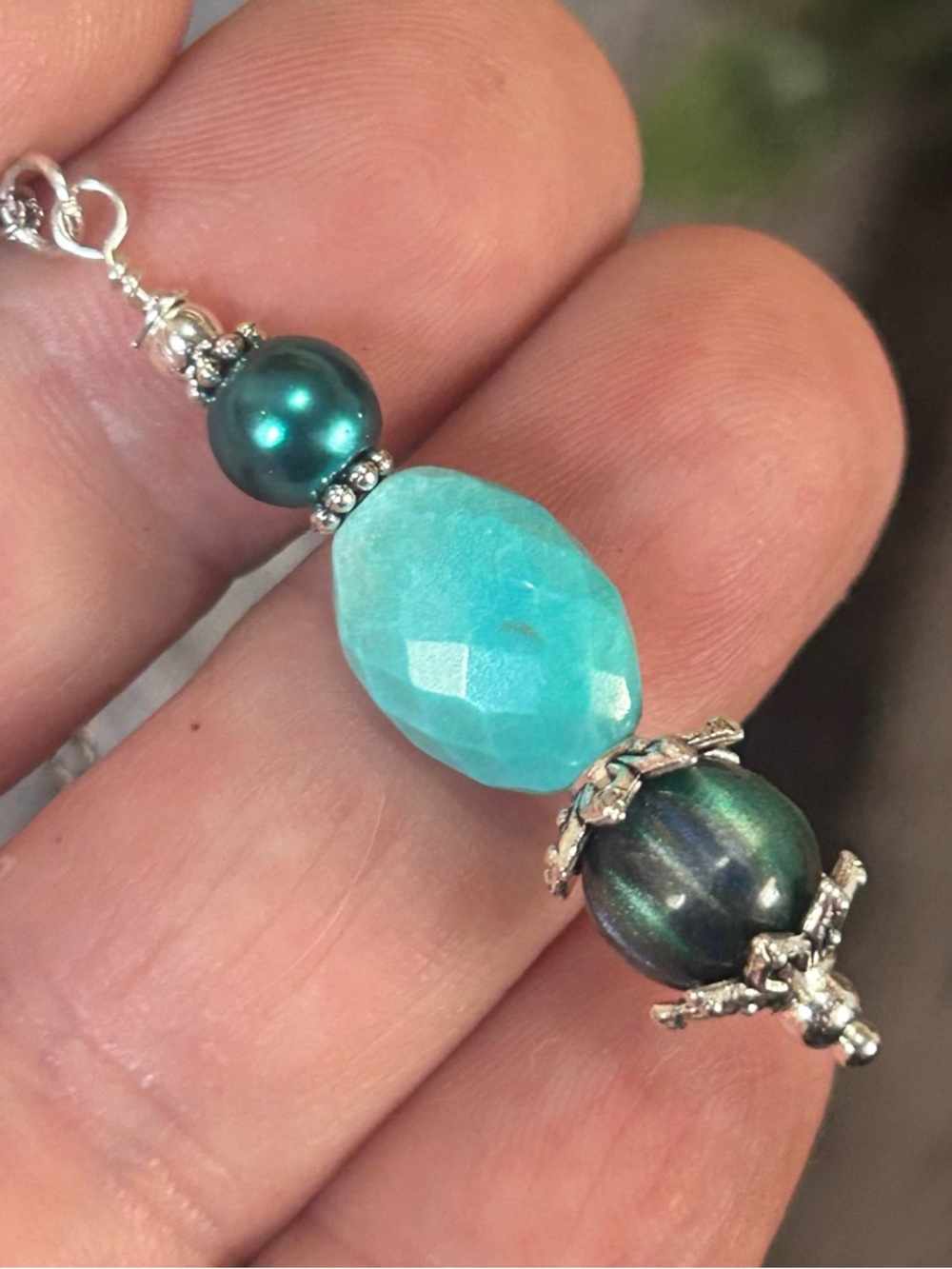Handcrafted cat eye glass amazonite pearl beaded pendant on chain necklace